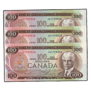 SOLD $100 1975 Bank of Canada Notes JA Prefix BC-52a - 3 Consecutive Choice UNC
