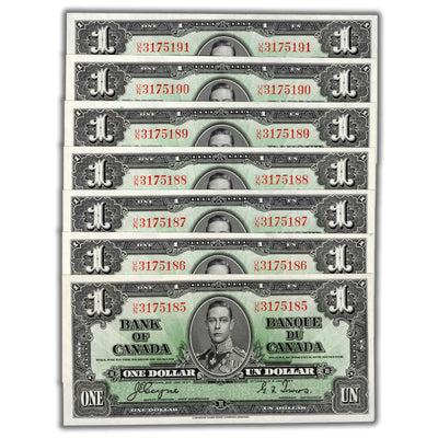 SOLD $1 1937 Bank of Canada Notes Coyne-Towers U/N Prefix BC-21d - 7 Consecutive