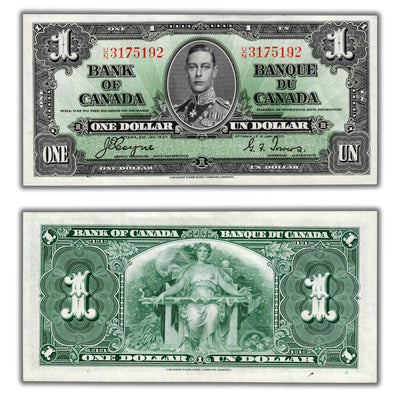 $1 1937 Bank of Canada Note Coyne-Towers U/N Prefix BC-21d - AU/UNC (staple hole)
