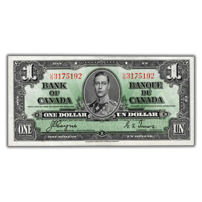 $1 1937 Bank of Canada Note Coyne-Towers U/N Prefix BC-21d - AU/UNC (staple hole)