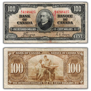 SOLD $100 1937 Bank of Canada Note Coyne-Towers B/J Prefix BC-27c - Writing