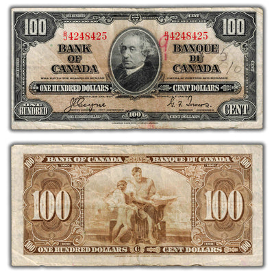 SOLD $100 1937 Bank of Canada Note Coyne-Towers B/J Prefix BC-27c - Writing