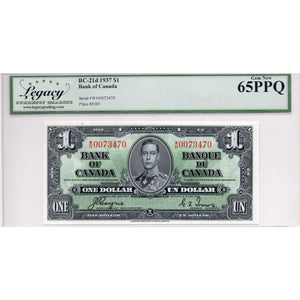SOLD $1 1937 Bank of Canada Note Coyne-Towers W/N Prefix BC-21d - Legacy UNC-65 PPQ