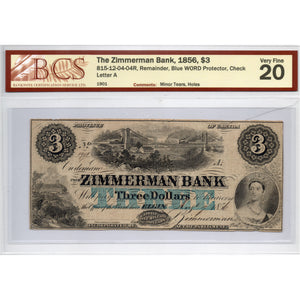 SOLD $3 1856 Zimmerman Bank Canada Chartered Note #815-12-04-04R - BCS VF-20