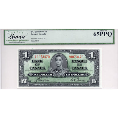 SOLD $1 1937 Bank of Canada Note Coyne-Towers W/N Prefix BC-21d - Legacy UNC-65 PPQ