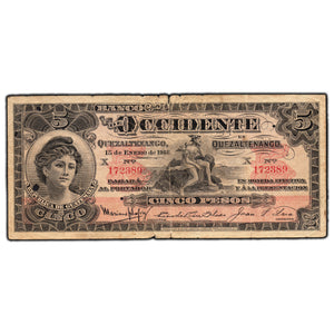 SOLD Guatemala Banco De Occidente 1918 5 Pesos Note - Holes