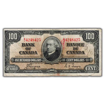 SOLD $100 1937 Bank of Canada Note Coyne-Towers B/J Prefix BC-27c - Writing