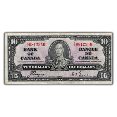 $10 1937 Bank of Canada Note Coyne-Towers E/T Prefix BC-24c - F/VF