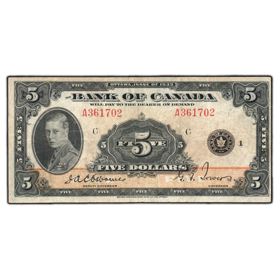 SOLD $5 1935 Bank of Canada Note English Text BC-5 - Very Fine