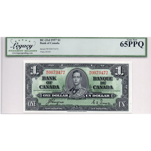 SOLD $1 1937 Bank of Canada Note Coyne-Towers W/N Prefix BC-21d - Legacy UNC-65 PPQ