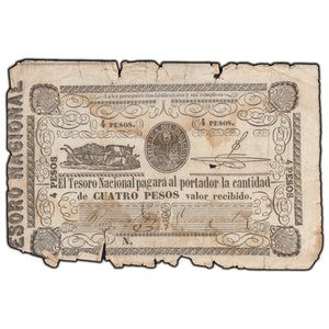SOLD Paraguay 1862 4 Pesos Note P #16 - Damaged