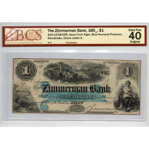 SOLD $1 1850's Zimmerman Bank Canada Chartered Note #815-12-08-02R - BCS EF-40