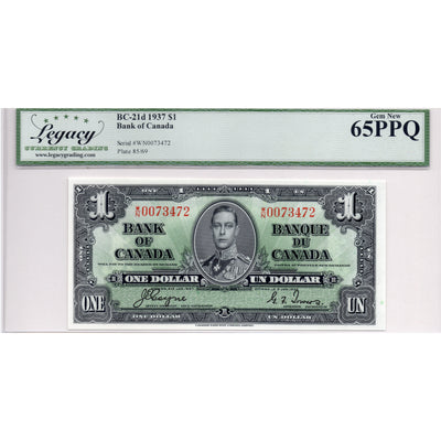 SOLD $1 1937 Bank of Canada Note Coyne-Towers W/N Prefix BC-21d - Legacy UNC-65 PPQ
