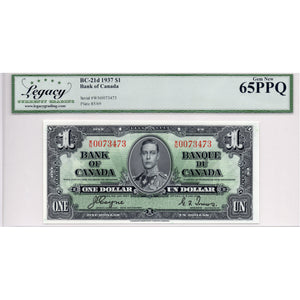 SOLD $1 1937 Bank of Canada Note Coyne-Towers W/N Prefix BC-21d - Legacy UNC-65 PPQ