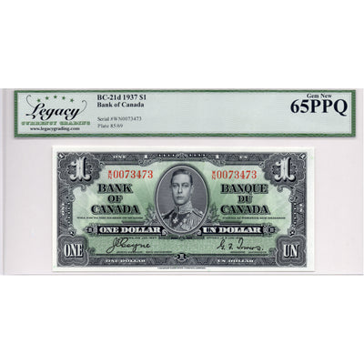 SOLD $1 1937 Bank of Canada Note Coyne-Towers W/N Prefix BC-21d - Legacy UNC-65 PPQ