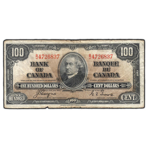 SOLD $100 1937 Bank of Canada Note Coyne-Towers B/J Prefix BC-27c - Circulated