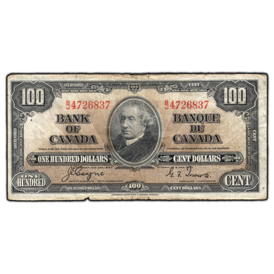 SOLD $100 1937 Bank of Canada Note Coyne-Towers B/J Prefix BC-27c - Circulated