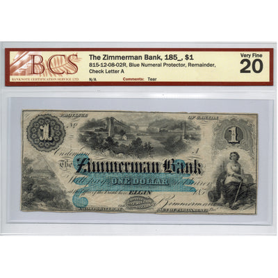 SOLD $1 1850's Zimmerman Bank Canada Chartered Note #815-12-08-02R - BCS VF-20