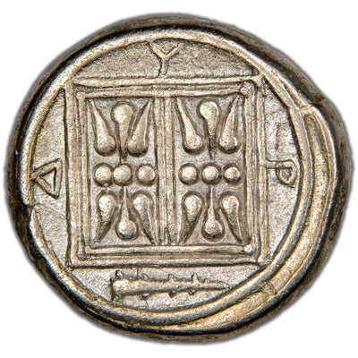 Reverse of an ancient Greek silver stater (SNG Cop 424v), displaying a stylized double stellar pattern (Gardens of Alcinous) enclosed within a square frame.