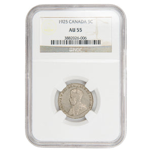 Canada 1925 5 Cents Nickel Coin Key Date! - NGC AU-55