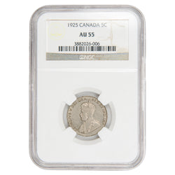 Canada 1925 5 Cents key date nickel coin graded NGC AU-55, certificate number 3882026-006, full obverse view in slab showing King George V profile.