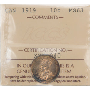 Canada 1919 10 Cents Dime Silver Coin - ICCS MS-63