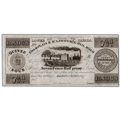 Champlain & St. Lawrence Rail Road 1837 15 Sous Remainder Note - Uncirculated