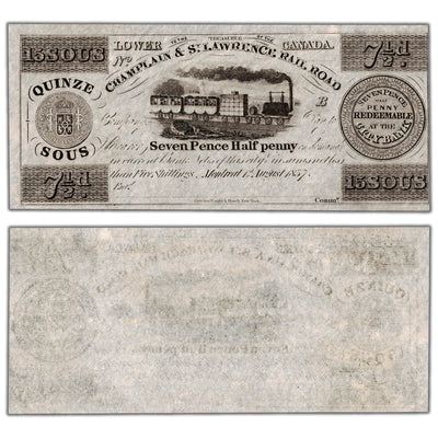 Champlain & St. Lawrence Rail Road 1837 15 Sous Remainder Note - Uncirculated