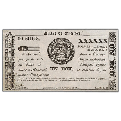 Eustache Brunet Du Letang 1837 1 Ecu Remainder Note QC #60-12-12R - UNC