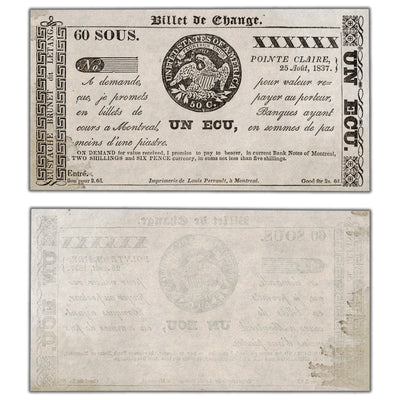 Eustache Brunet Du Letang 1837 1 Ecu Remainder Note QC #60-12-12R - UNC