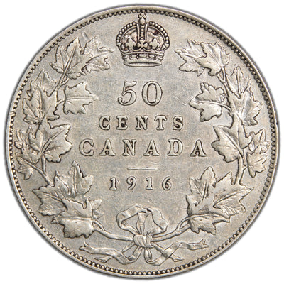 Canada 1916 50 Cents Half Dollar Silver Coin - Very Fine +
