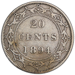 Newfoundland 1894 Obverse #2 20 Cents Silver Coin - Very Fine