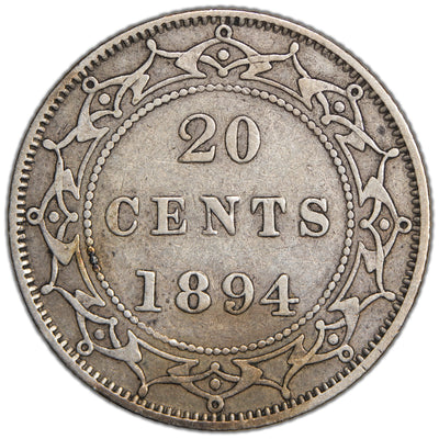Newfoundland 1894 Obverse #2 20 Cents Silver Coin - Very Fine