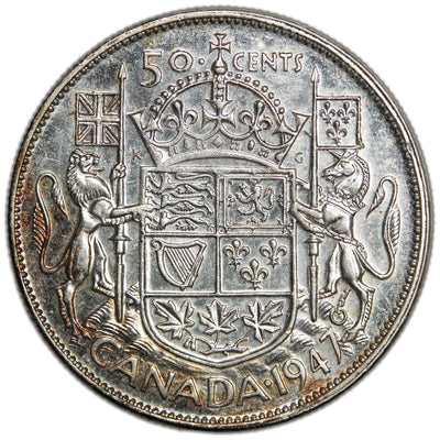 Canada 1947 Straight 7 50 Cents Half Dollar Silver Coin - AU