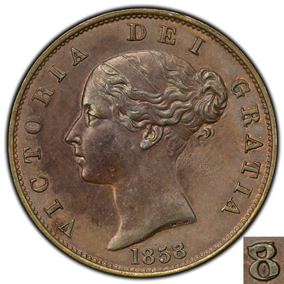 Great Britain 1858 8/7 Overdate 1/2 Half Penny Coin
