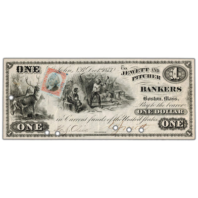 Jewett & Pitcher Bankers 1873 $1 Scrip Note with Stamp NB #15-10-02 - VF/EF