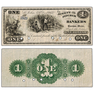 Jewett & Pitcher Bankers 1873 $1 Scrip Note NB #15-10-02 - Cancelled VF+
