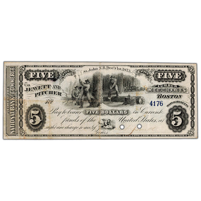 Jewett & Pitcher Merchants 1873 $5 Scrip Note NB #15-12-02-06 - VF/EF