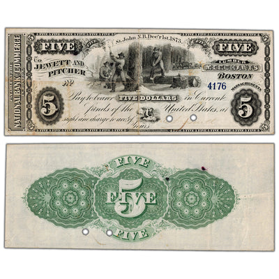 Jewett & Pitcher Merchants 1873 $5 Scrip Note NB #15-12-02-06 - VF/EF