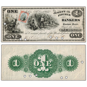 Jewett & Pitcher Bankers 1873 $1 Scrip Note with Stamp NB #15-10-02 - VF/EF