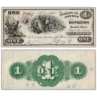 Jewett & Pitcher Bankers 1873 $1 Scrip Note with Stamp NB #15-10-02 - VF/EF