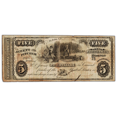 Jewett & Pitcher Merchants 1875 $5 Scrip Note Uncanceled NB #15-12-04-06 - Low Serial #75
