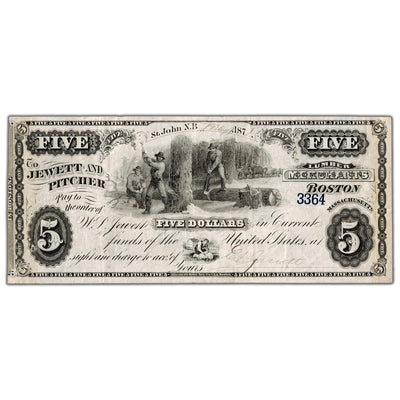Jewett & Pitcher Merchants 1875 $5 Scrip Note Uncanceled NB #15-12-04-06 - VF/EF