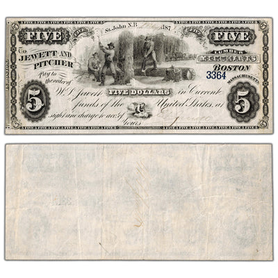 Jewett & Pitcher Merchants 1875 $5 Scrip Note Uncanceled NB #15-12-04-06 - VF/EF