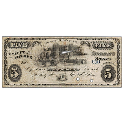 Jewett & Pitcher Merchants 1875 $5 Scrip Note Uncanceled NB #15-12-04-06 - Tears/Holes
