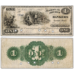 Jewett & Pitcher Bankers 1873 $1 Scrip Note NB #15-10-02 - Cancelled F/VF (paper pull)
