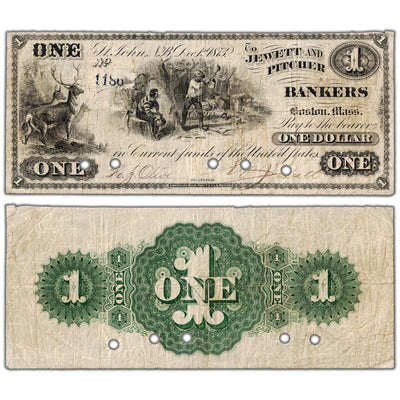 Jewett & Pitcher Bankers 1873 $1 Scrip Note NB #15-10-02 - Cancelled F/VF (paper pull)