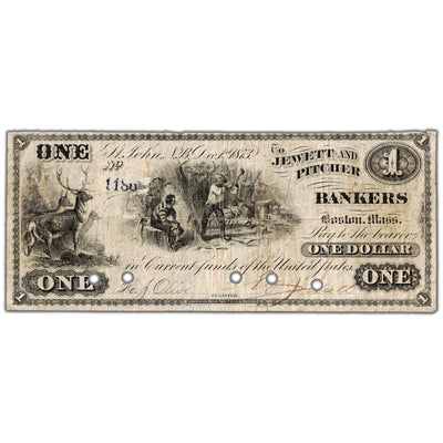 Jewett & Pitcher Bankers 1873 $1 Scrip Note NB #15-10-02 - Cancelled F/VF (paper pull)