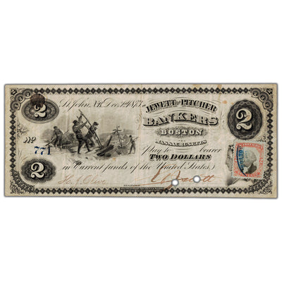 Jewett & Pitcher Bankers 1873 $2 Scrip Note NB #15-10-04 - VF/EF with Stamp
