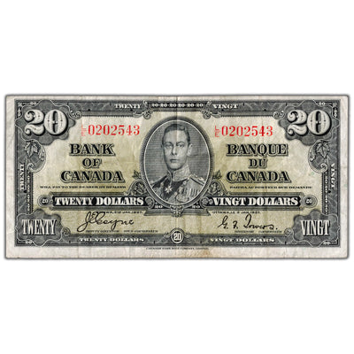 $20 1937 Bank of Canada Note Coyne-Towers L/E Prefix BC-26c - F/VF